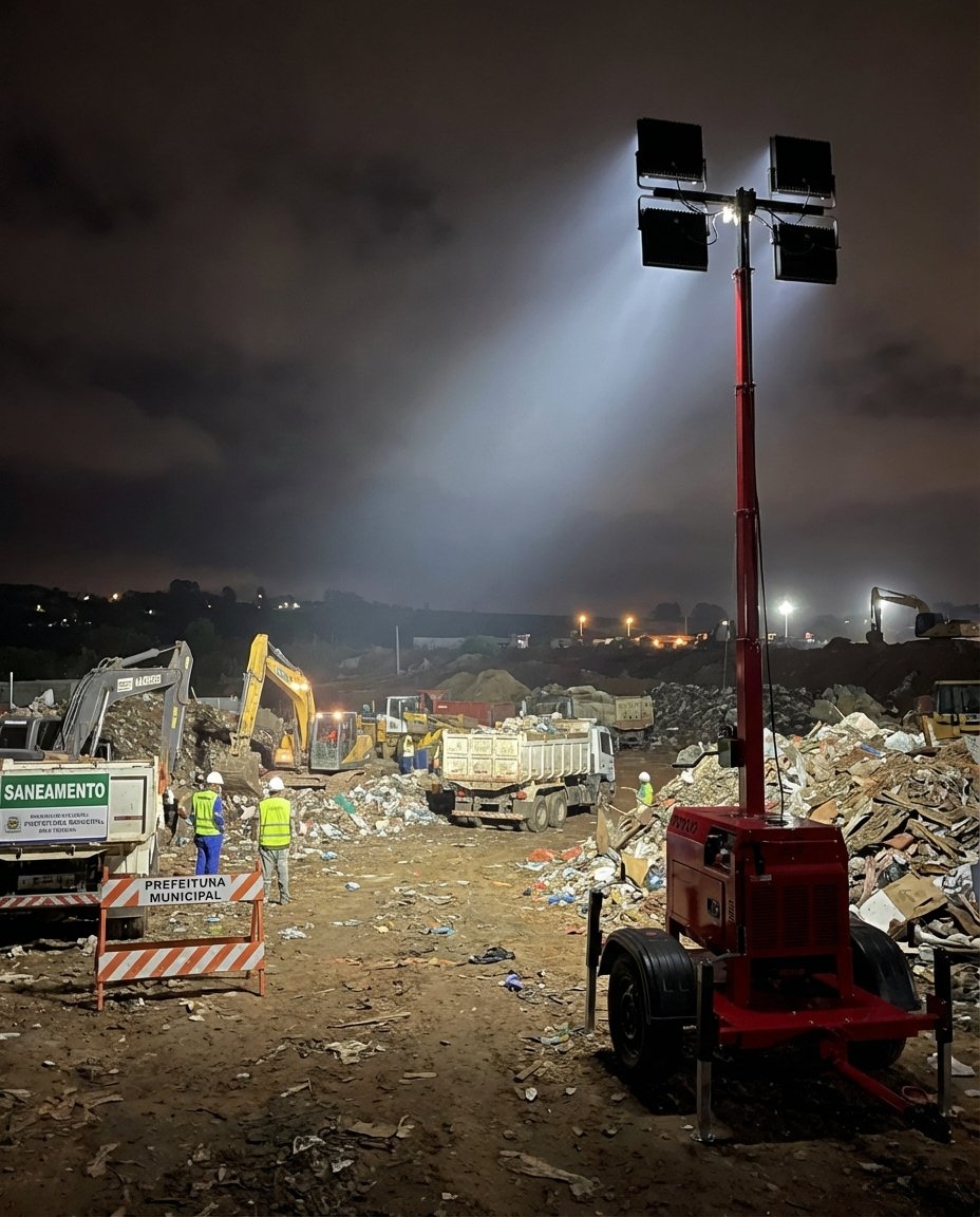 Torre de iluminação em obra de saneamento